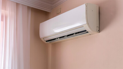 Sticker - In a room filled with ample natural light, an air conditioner is installed on the pink wall, effectively keeping you cool and comfortable