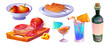 Cute food and drinks for picnic in city park or dining concept. Cartoon meals - korean fried hot dog on plate, apples in bowl, sandwich and tomato on cutting board, wine bottle and cocktails in glass.