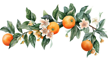Branch with oranges, flowers and leaves. Summer and harvest. Isolated watercolor illustration on white background.