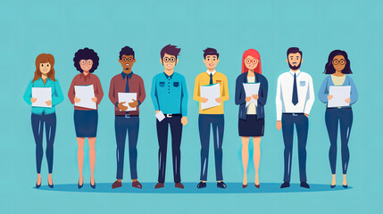 Wall Mural -  A diverse business team of young people standing in a row with documents