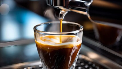 Canvas Print - Close-up of freshly brewed espresso with thick foam pouring from the coffee machine