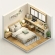 Minimalist modern bedroom. 3D isometric illustration