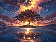 Anime fantasy wallpaper background concept : A visualization ultra wide angle of mystical sunset scene showing full of clouds starry night, one sakura tree reflection on the sea, generative ai