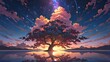 Anime fantasy wallpaper background concept : A visualization ultra wide angle of mystical sunset scene showing full of clouds starry night, one sakura tree reflection on the sea, generative ai
