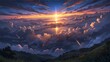 Anime fantasy wallpaper background concept : A visualization ultra wide angle of mystical sunset scene showing full of clouds starry night, an epic moment of quiet contemplation, generative ai