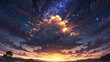 Anime fantasy wallpaper background concept : A visualization ultra wide angle of mystical sunset scene showing full of clouds starry night, an epic moment of quiet contemplation, generative ai
