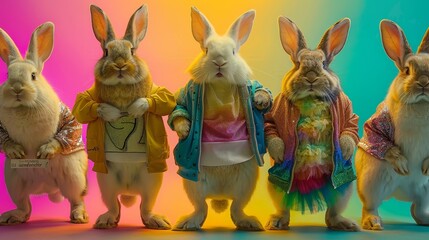 Wall Mural - A group of rabbits are dressed up in colorful clothing and standing in a row