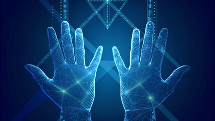 Abstract wireframe mesh polygonal hands on blue background, concept of protection of the human body.