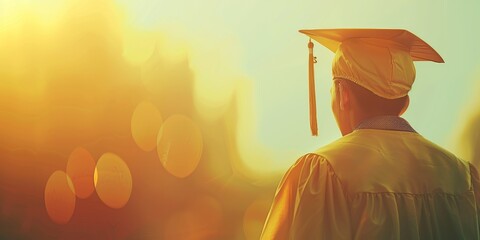 Wall Mural - A person wearing a graduation cap and gown stands in front of a blurry background. Concept of accomplishment and pride, as the person is likely a graduate about to receive their diploma