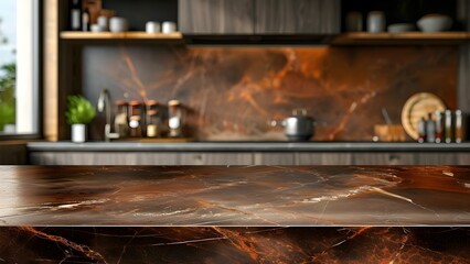 Wall Mural - Blurry kitchen background with dark marble table for product display montage. Concept Product Photography, Blurry Background, Marble Table, Dark Tones, Montage Display