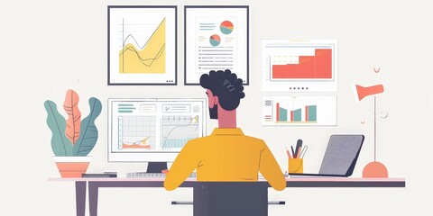 Poster - A man is sitting at a desk with a computer monitor and a laptop. He is working on a project that involves analyzing data and creating graphs. The room is decorated with pictures and a potted plant