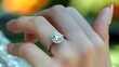 Womans hand with diamond engagement ring symbolizing recent betrothal in closeup. Concept Engagement Ring, Close-up Photography, Betrothal Symbol, Woman's Hand, Love and Commitment