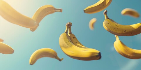 Wall Mural - A bunch of bananas are flying through the air. The bananas are yellow and appear to be ripe. The scene is bright and cheerful, with the bananas soaring through the sky