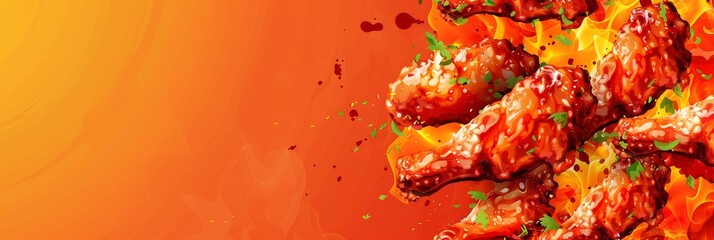 Wall Mural - A banner with a bunch of chicken wings and a red background. The banner is advertising a restaurant that serves chicken wings