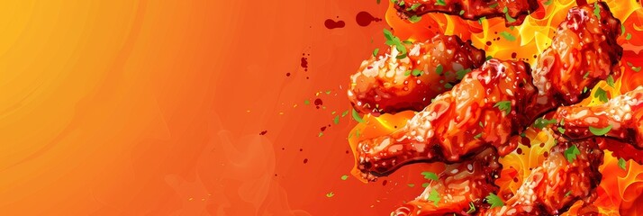 Canvas Print - A banner with a bunch of chicken wings and a red background. The banner is advertising a restaurant that serves chicken wings