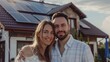 © Photolife   - beautiful European couple, men and women, 30 years old, looking at the camera with a smile against the background of a house with a solar battery on the roof