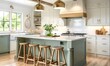 © Lucky Ai - Modern cottage interior design of kitchen with island and stools. Farmhouse kitchen green and white cabinets.