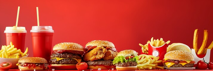Wall Mural - A red background with a variety of fast food items including hamburgers, fries, and drinks