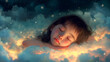 Illustration of little girl sleeping on clouds at night