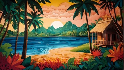 Wall Mural - beach with palm trees at sunset