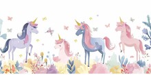 A Line Of Four Unicorns With Butterflies In The Background. The Unicorns Are In A Field Of Flowers And The Butterflies Are Flying Around Them