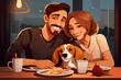 Couple with their Beagle enjoying a date night at a pet-friendly restaurant, savoring delicious food and quality time together with their beloved pet by their side.