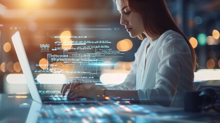 Confident female software developer working on new project using laptop in dark office.
