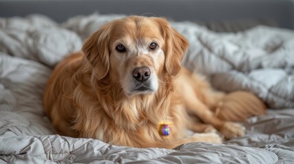 Wall Mural - A golden retriever is laying on a bed