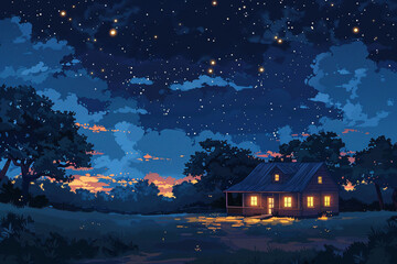 Wall Mural - Illustration of a quiet night in the summer countryside, illustration of the Beginning of Summer solar term scene