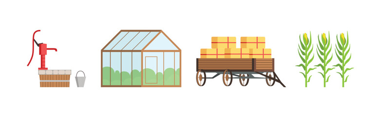 Poster - Farm and Ranch Rural Object with Well, Greenhouse, Hay and Corn Cob Vector Set