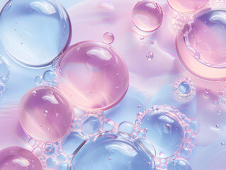 Poster - a brilliant, dreamlike bubble world, filled with pink and blue bubbles throughout the entire scene. The bubbles come in various shapes and sizes, appearing strikingly clear 