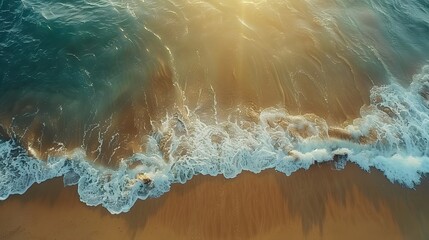 Wall Mural - aerial photo of beautiful summer sandy beach and blue Ocean with copy space, top view from drone. Summer seascape beautiful waves. blue sea water in sunny day. Sea aerial view.