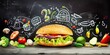 Gastronomic Delight: Giant Hamburger Surrounded by Vibrant Vegetables and Fresh Fruits