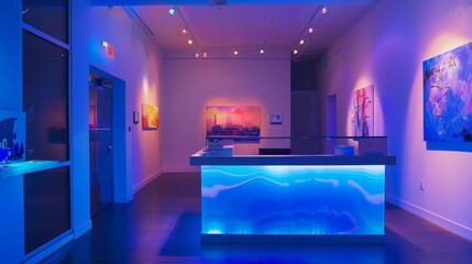 image of a small space with a reception desk illuminated with blue led lights, used for art exhibitions, white walls with paintings and artwork, blue and purple led lights