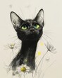 Linear drawing of black oriental cat with green eyes and large ears behind daisy flower