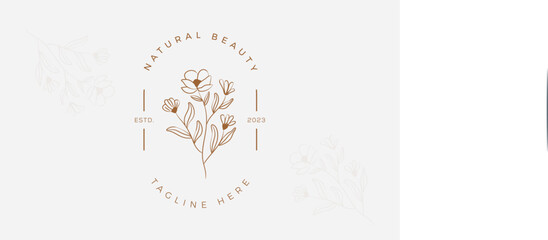 Floral element Botanical Hand Drawn Logo with Wild Flower and Leaves. Logo for spa and beauty salon, boutique, organic shop, wedding, floral designer, interior, photography, cosmetic