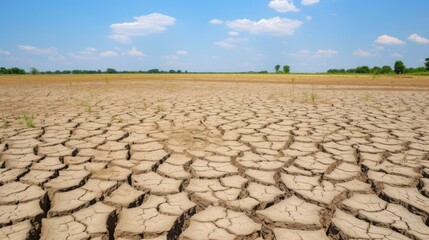 A field with dried soil against a blue sky. Deep cracks in the ground due to drought. The bottom of a dry lake or river.