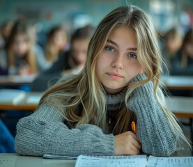 Wall Mural - A girl with long hair is sitting in a classroom with other students
