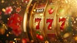 Closeup of a slot machine displaying 777 jackpot combination with golden confetti