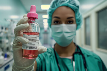 A nurse in a green suit with a mask is holding a pink liquid medicine in a bottle.