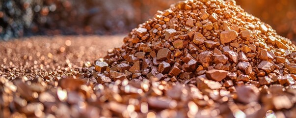Pile of raw copper ore in mine facility. banner