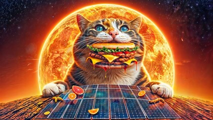 A whimsical and humorous digital art piece featuring a cartoonish cat consuming a burger, with solar panels and cosmic elements in the background.