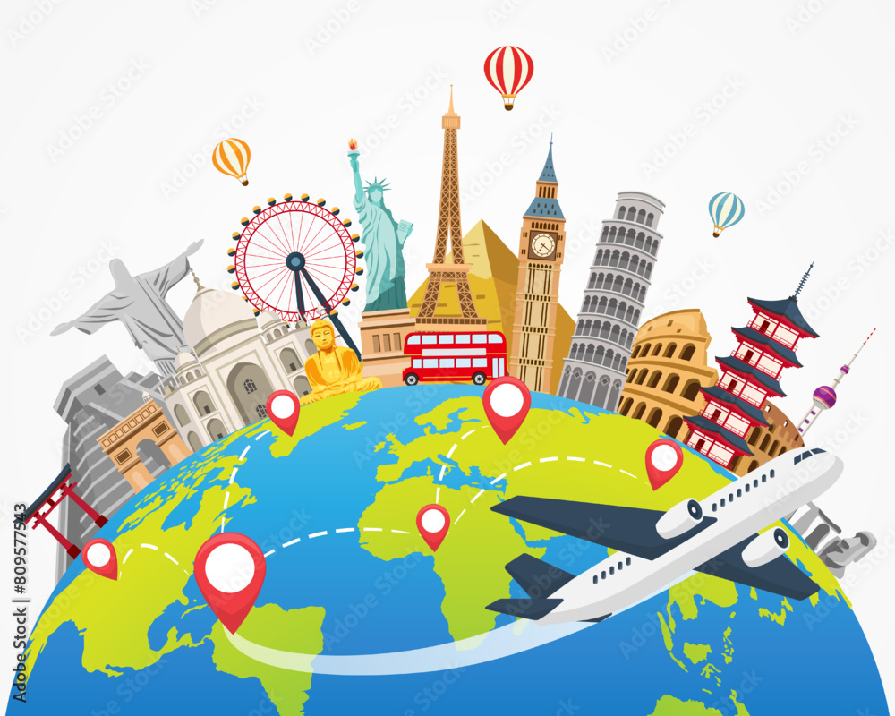 plane travel and landmark world on white background. time to travel banner.  tourism trip concept. journey in vacation. vector illustration flat design.  Stock Vector | Adobe Stock, image size:1000x800