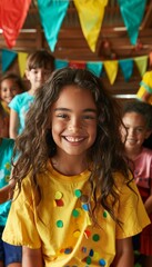 Wall Mural - A girl in a yellow shirt with confetti on it is smiling