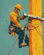 electrician in overalls on a support