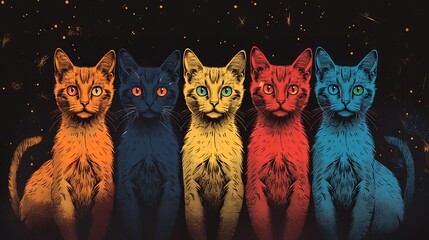 Naklejka na meble Illustration of colorful cats sitting in a line.  
