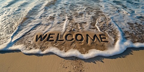 Poster - The word 'WELCOME' is written on a sandy beach with soft sea waves approaching, symbolizing hospitality and invitation It captures the essence of travel and leisure