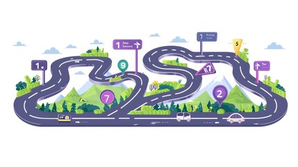 Infographic banner presentation. 7 steps business road map template. Illustrator cartoon illustration of a road and numbers. Introducing company milestones, the strategy for the future.