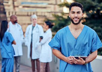 Poster - Man, doctor and outdoor portrait for tablet, surgeon and confidence in healthcare management. Male person, leader and proud of medical research, schedule and agenda of specialist for wellness mission