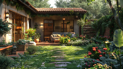 Wall Mural - Charming house with vibrant garden, an oasis of serenity.